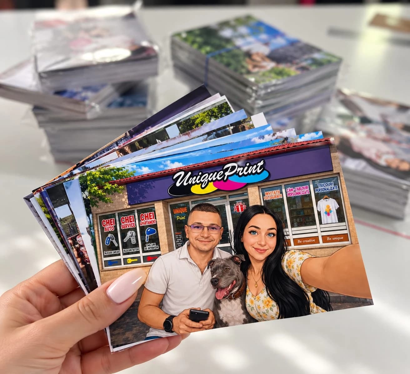 Fotografii printate pe hârtie, ținute în mână, în fața unor teancuri de printuri UniquePrint